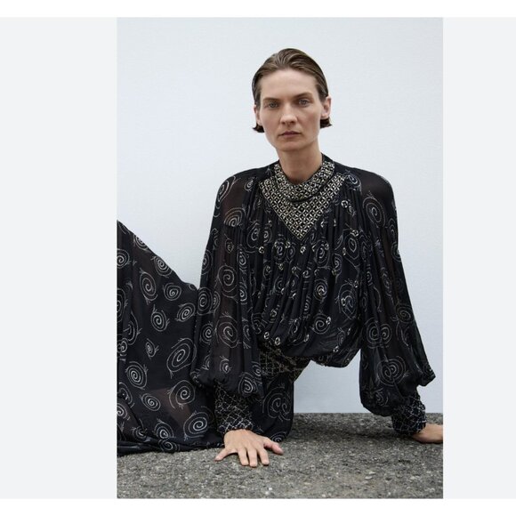 Zara Womens Midi Dress Size XS Long Sleeve Black Beaded Printed 7521/246 NWT - Picture 4 of 16